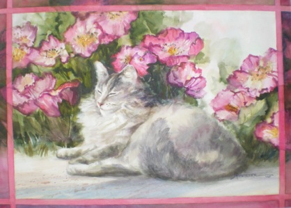 Cat W/Pink Flowers